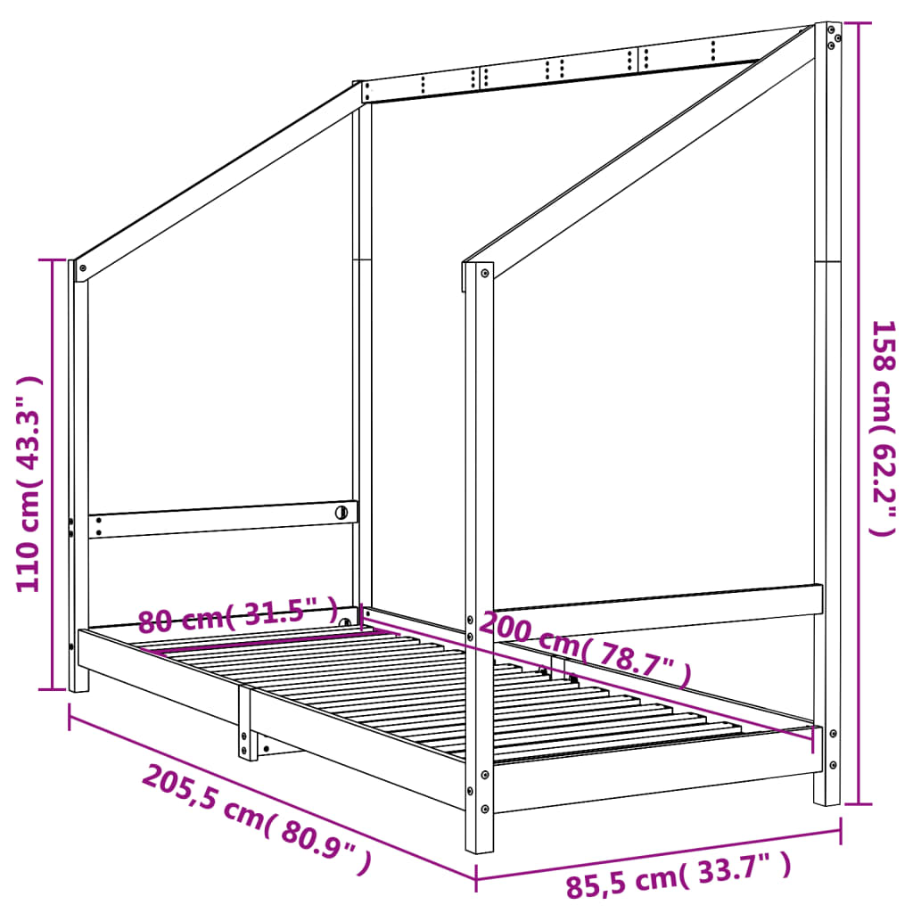 Children's bed frame 80x200 cm solid pine wood