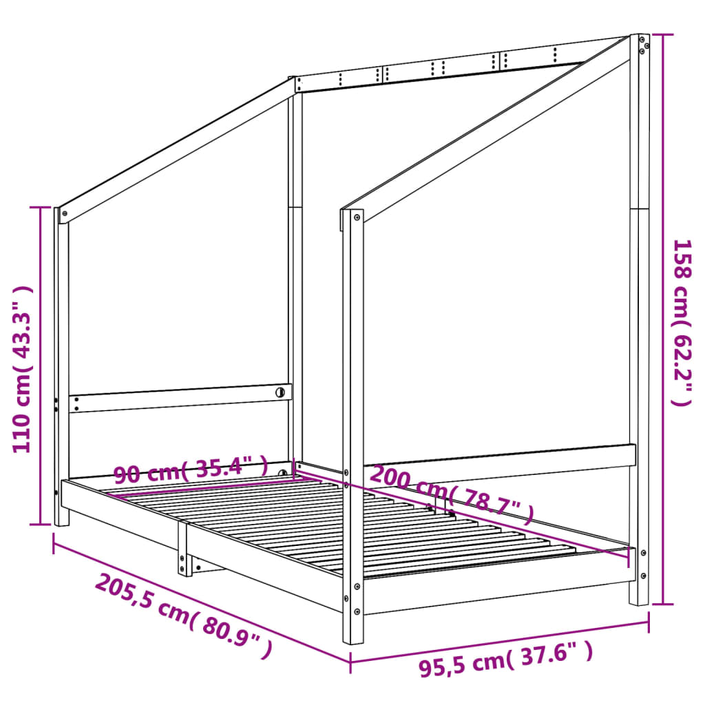 Estructura de cama infantil de pino macizo 90x200 cm