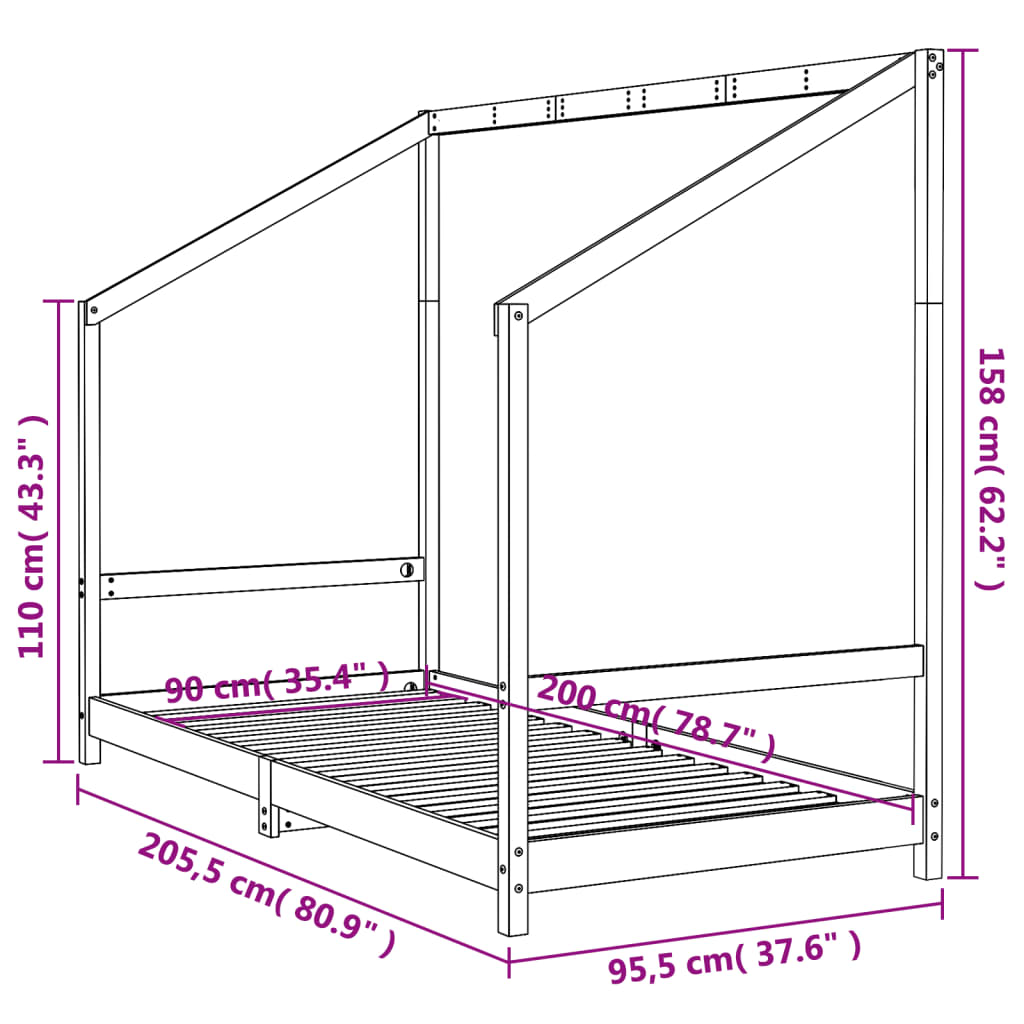 Children's bed frame 90x200 cm solid pine white