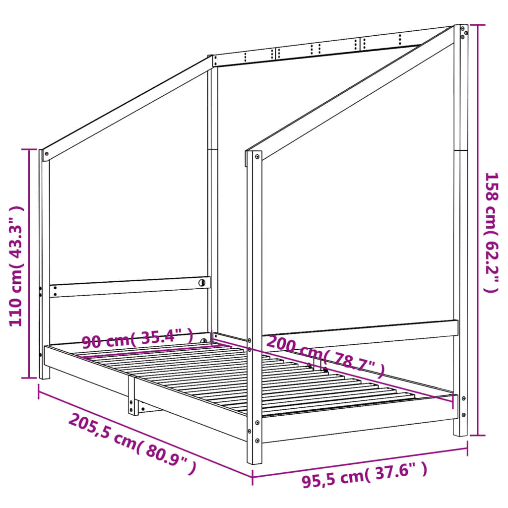 Estructura de cama infantil 90x200 cm pino macizo negro