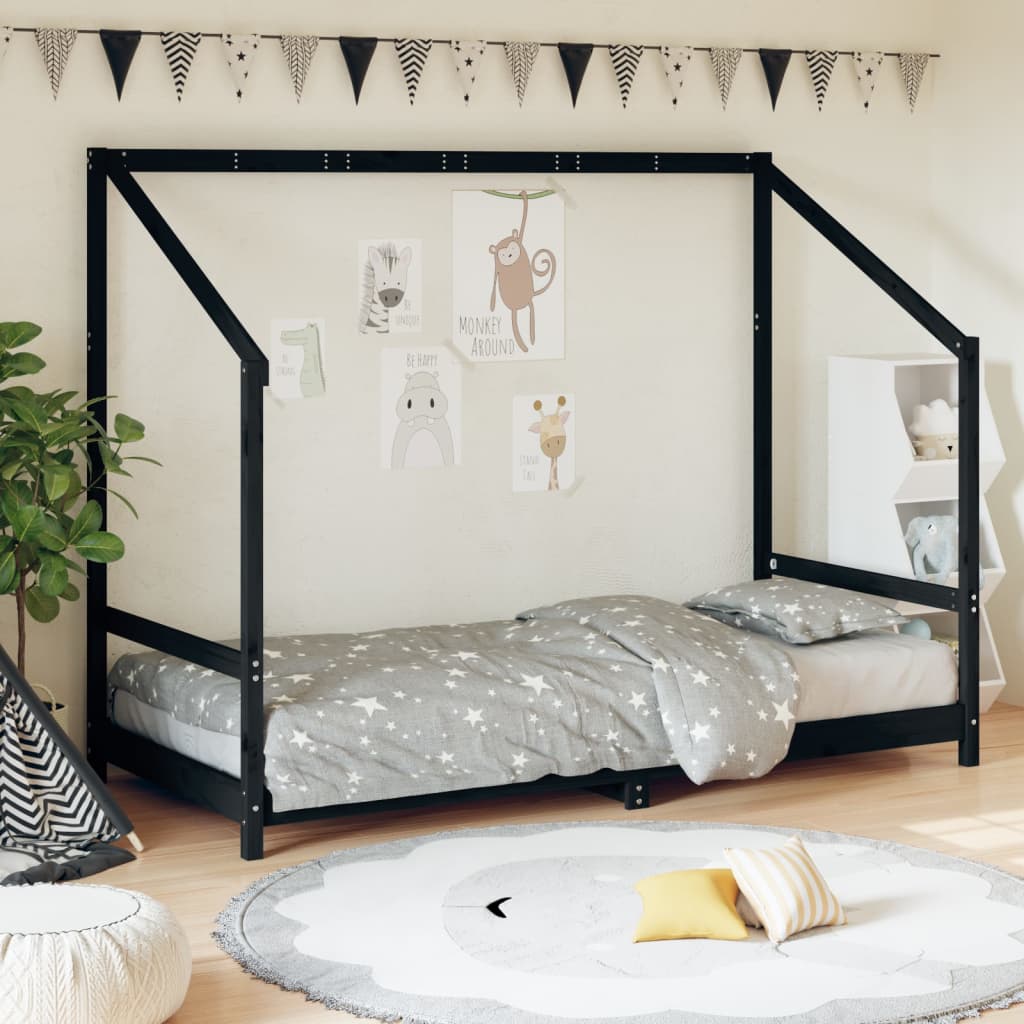 Children's bed frame 90x200 cm black solid pine