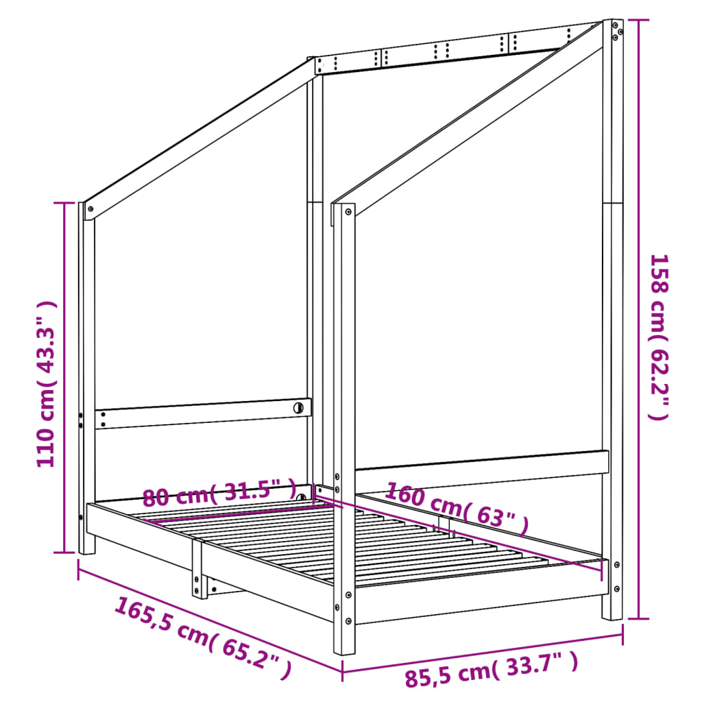 Estructura de cama infantil de pino macizo negro 80x160 cm