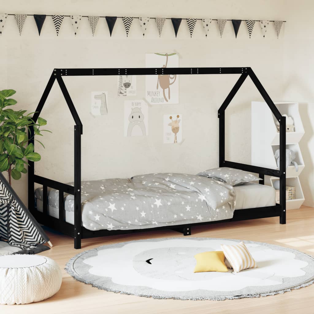 Children's bed frame 90x200 cm black solid pine