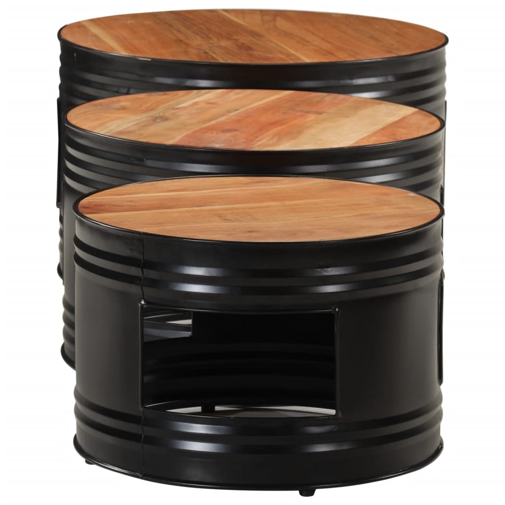 Mesas de bar formato de tambor 3 pcs madeira de acácia maciça