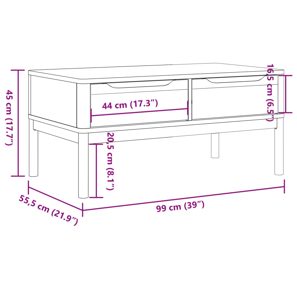 Mesa de centro FLORO 99x55,5x45cm madeira pinho maciça cinzento