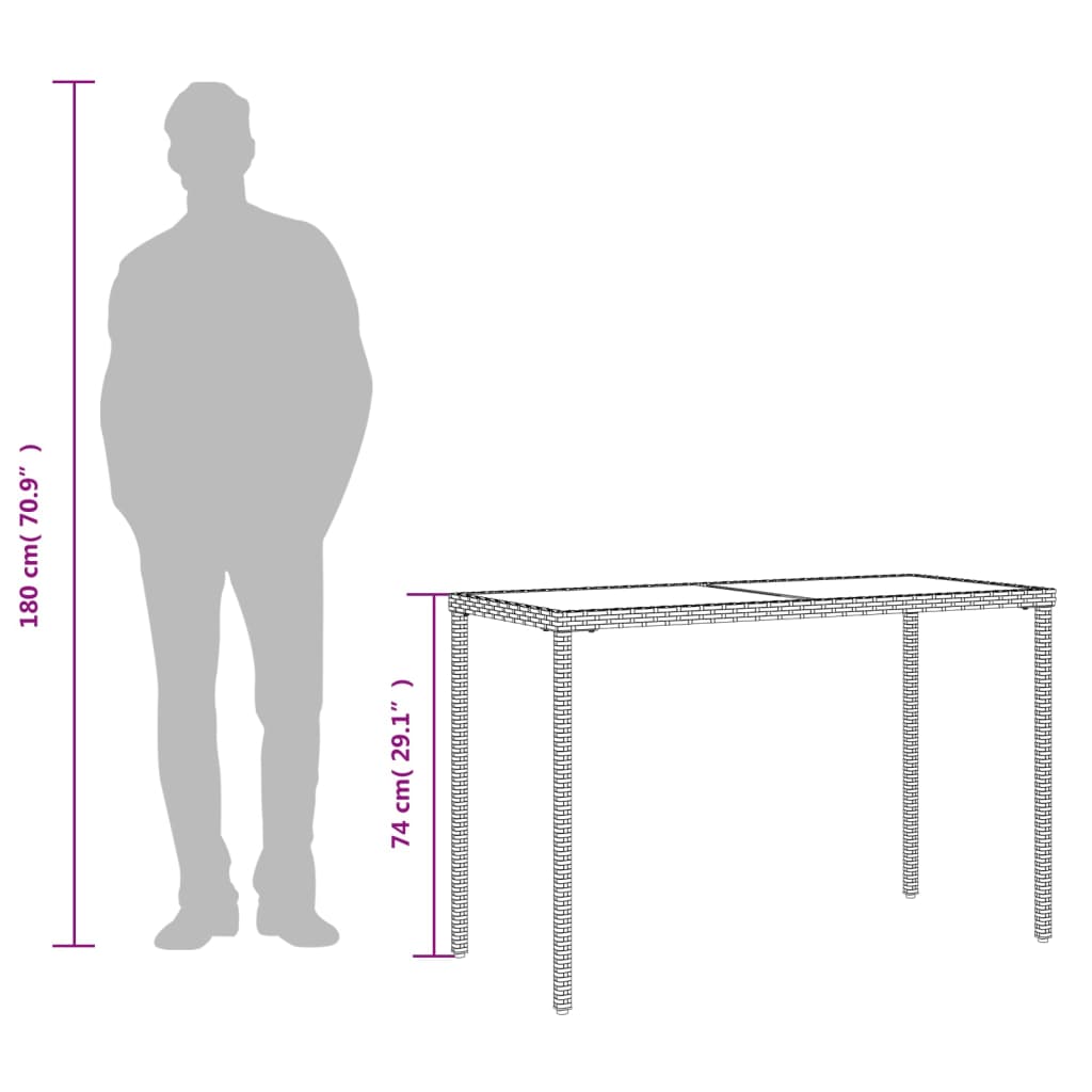 Mesa jardim c/ tampo de vidro 115x54x74 cm vime PE cinza-claro