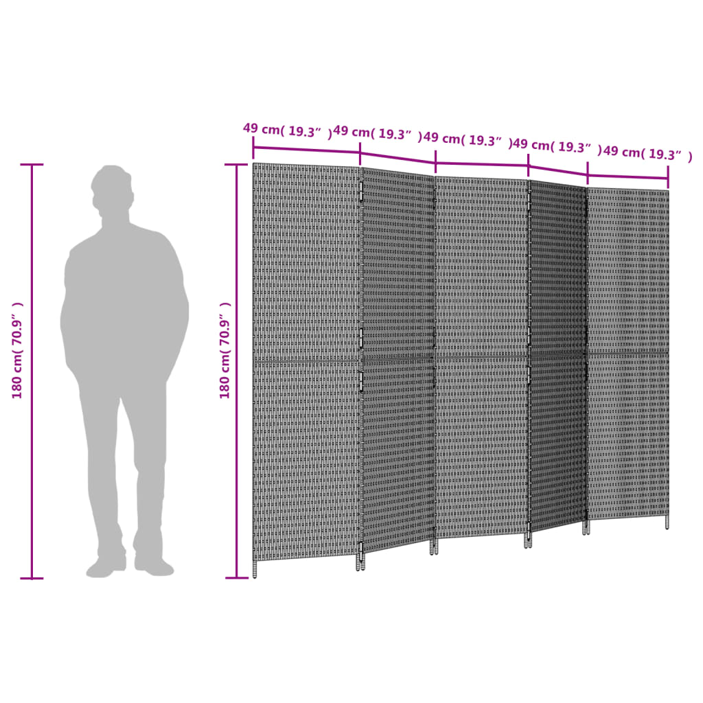 Biombo de divisão 5 painéis vime PE preto