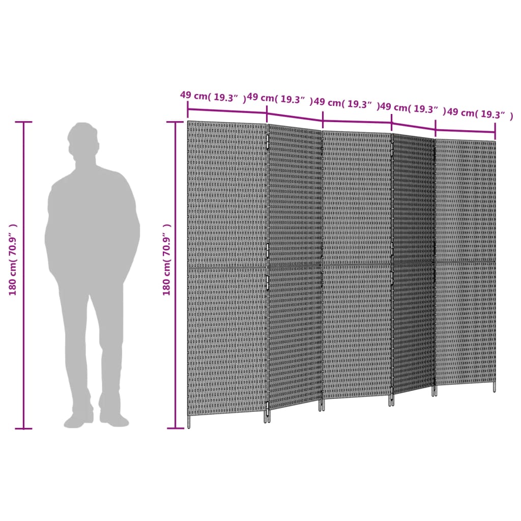 Biombo de divisão 5 painéis vime PE cinzento