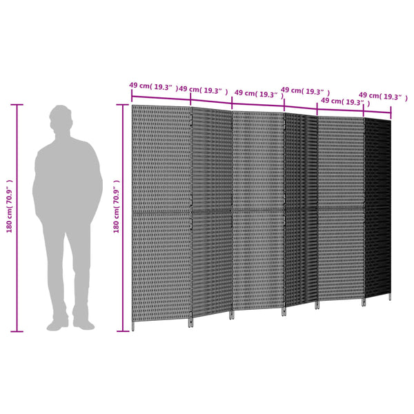 Biombo de divisão 6 painéis vime PE preto