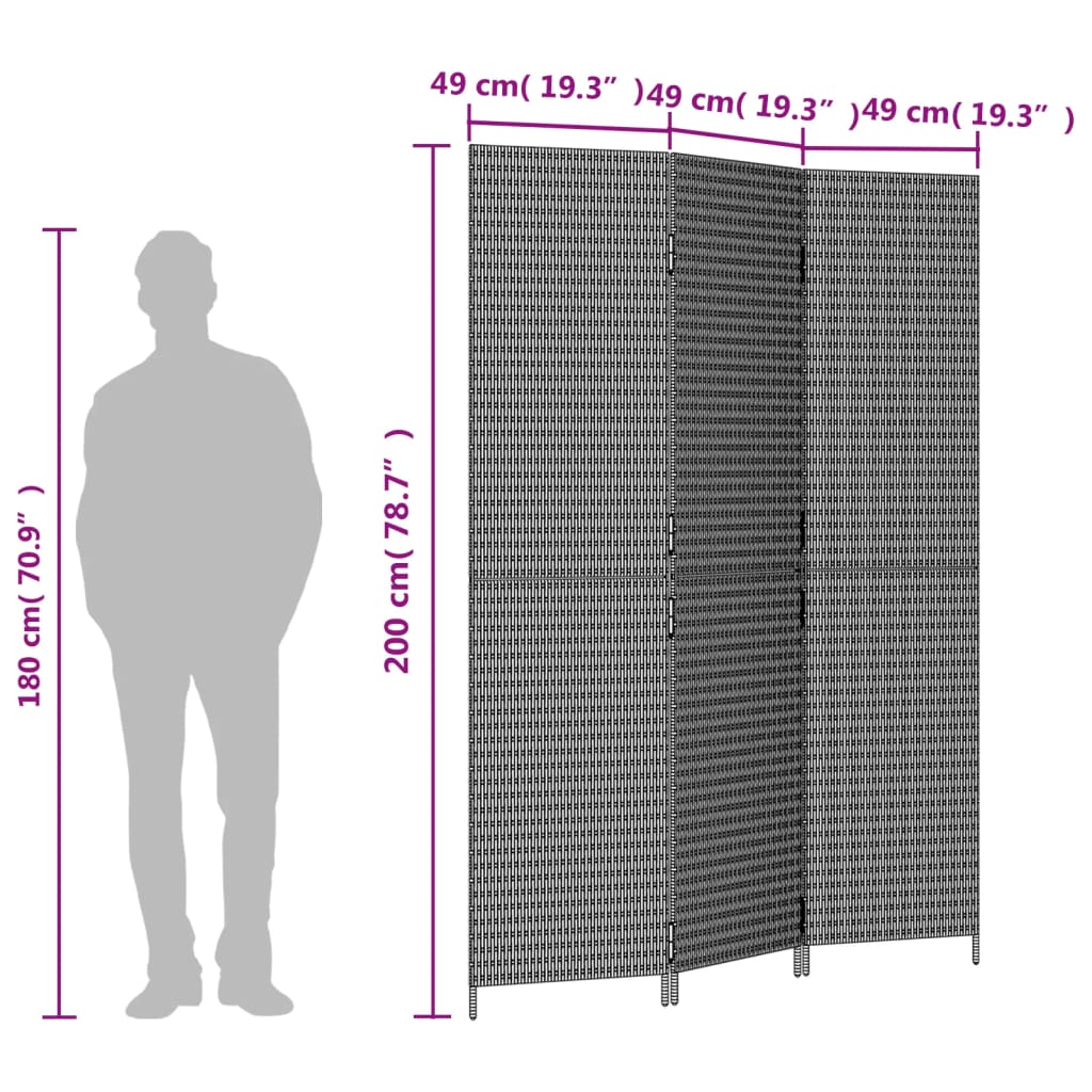 Biombo de divisão 3 painéis vime PE cinzento