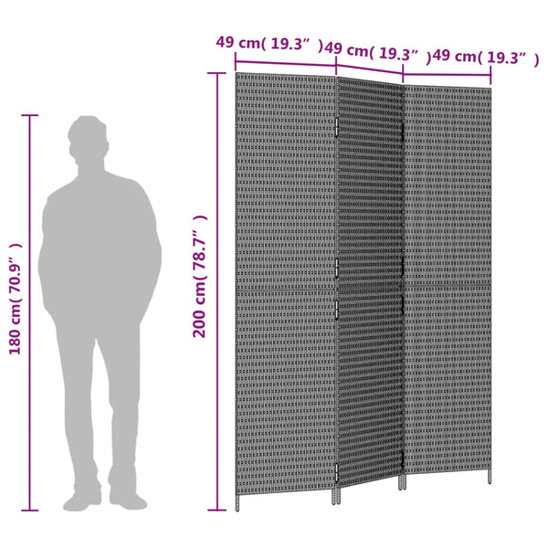 Biombo de divisão 3 painéis vime PE cinzento