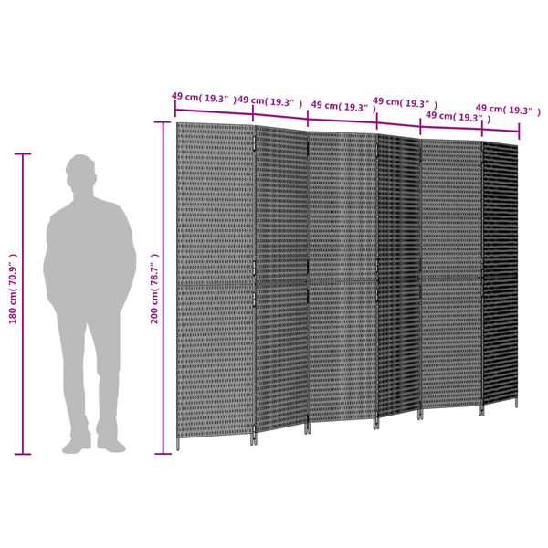 Biombo de divisão 6 painéis vime PE preto