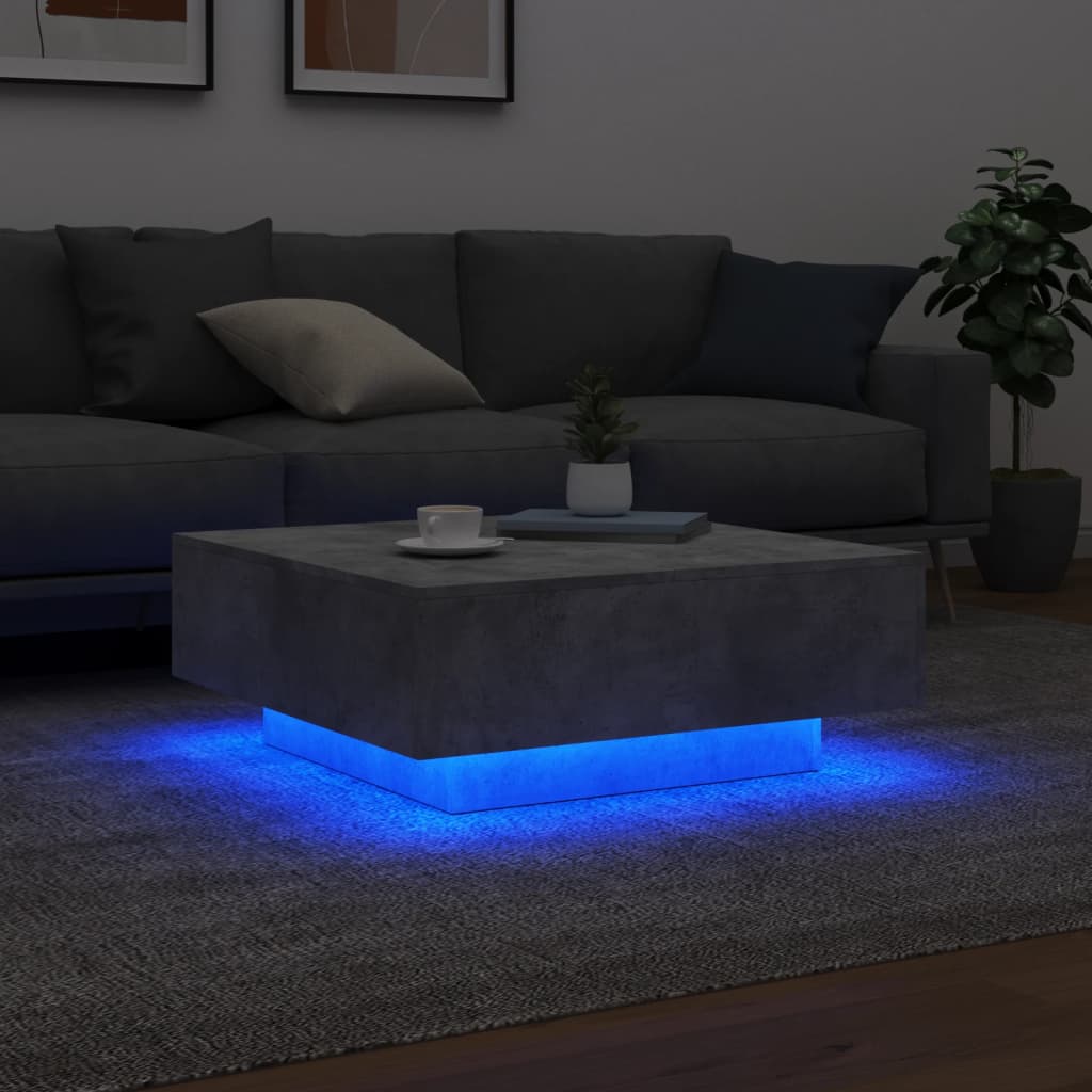 Mesa de centro com luzes LED 80x80x31 cm cinzento cimento