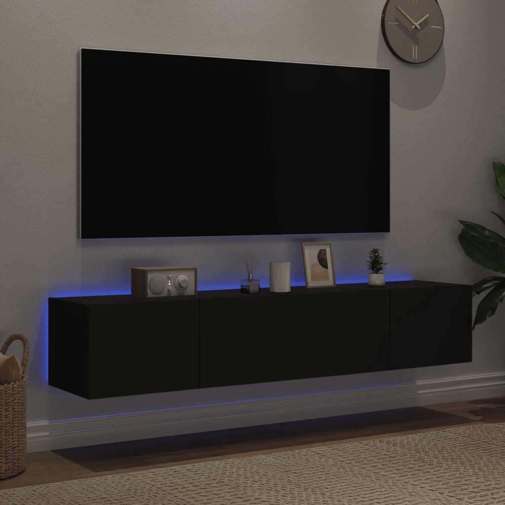 Móveis de parede p/ TV com luzes LED 2 pcs 80x35x31 cm preto