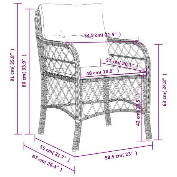 Cadeiras de jardim com almofadões 2 pcs vime PE castanho