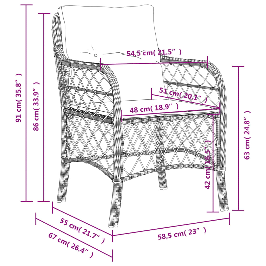 Cadeiras de jardim com almofadões 2 pcs vime PE bege