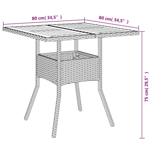 Mesa de jardim com tampo em acácia 80x80x75 cm vime PE cinza