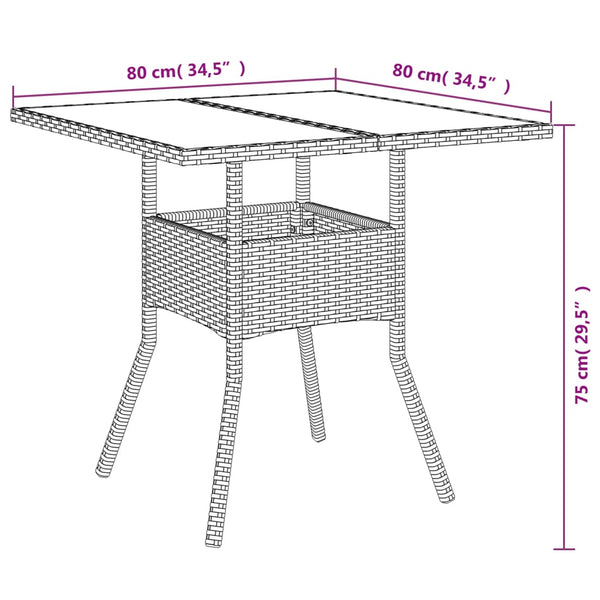 Mesa de jardim com tampo de vidro 80x80x75 cm vime PE cinzento