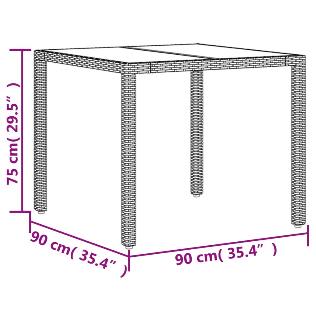 Mesa de jardim com tampo de vidro 90x90x75 cm vime PE preto