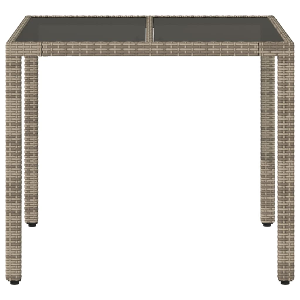 Mesa de jardim com tampo de vidro 90x90x75 cm vime PE cinzento