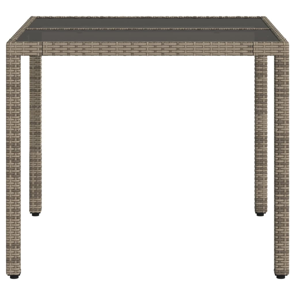 Mesa de jardim com tampo de vidro 90x90x75 cm vime PE cinzento