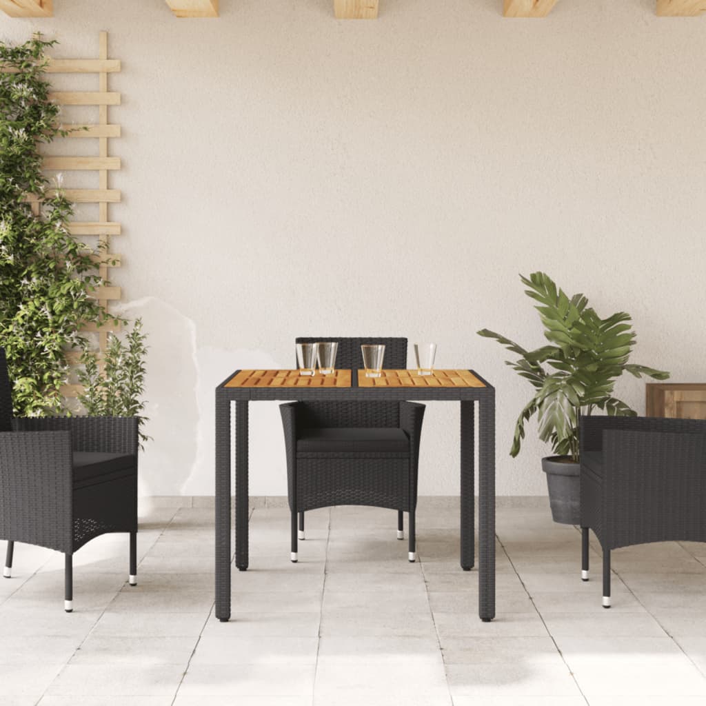 Mesa de jardim com tampo de madeira de acácia vime PE preto