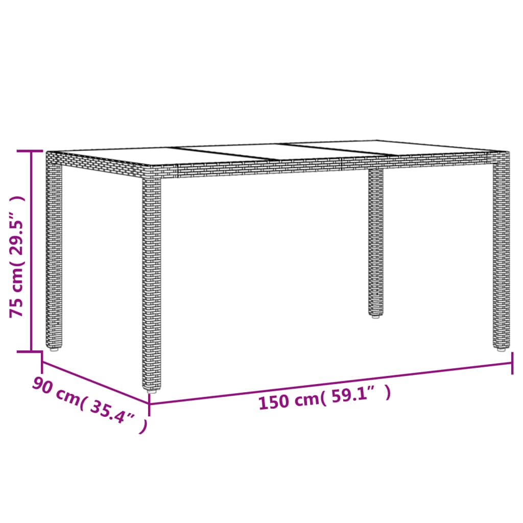 Mesa de jardim com tampo de vidro 150x90x75 cm vime PE cinzento