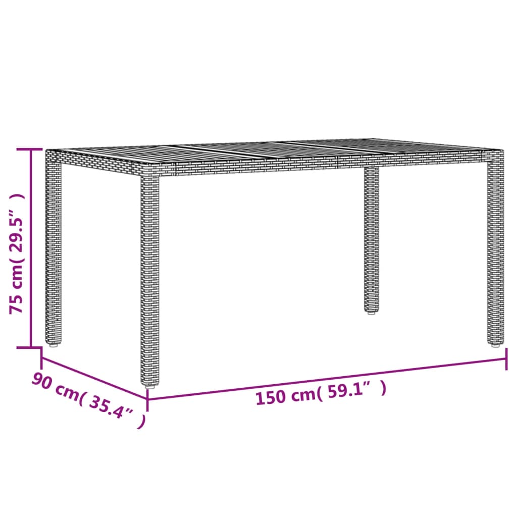 Mesa de jardim c/ tampo em madeira de acácia vime PE cinzento