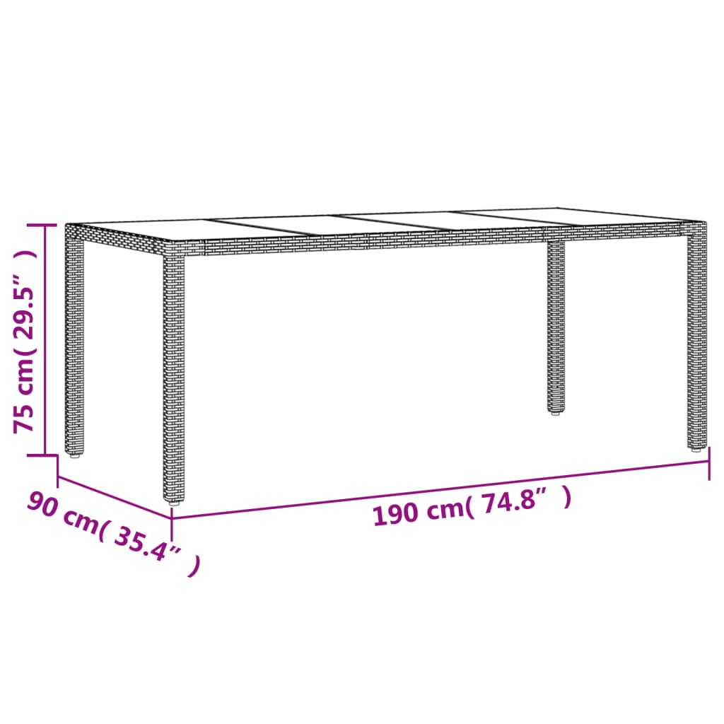 Mesa de jardim com tampo de vidro 190x90x75 cm vime PE cinza