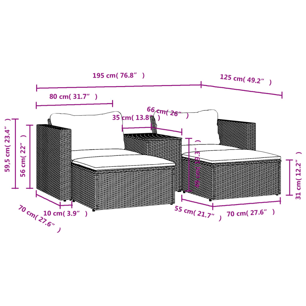 5 pcs conjunto sofás de jardim com almofadões acácia e vime PE