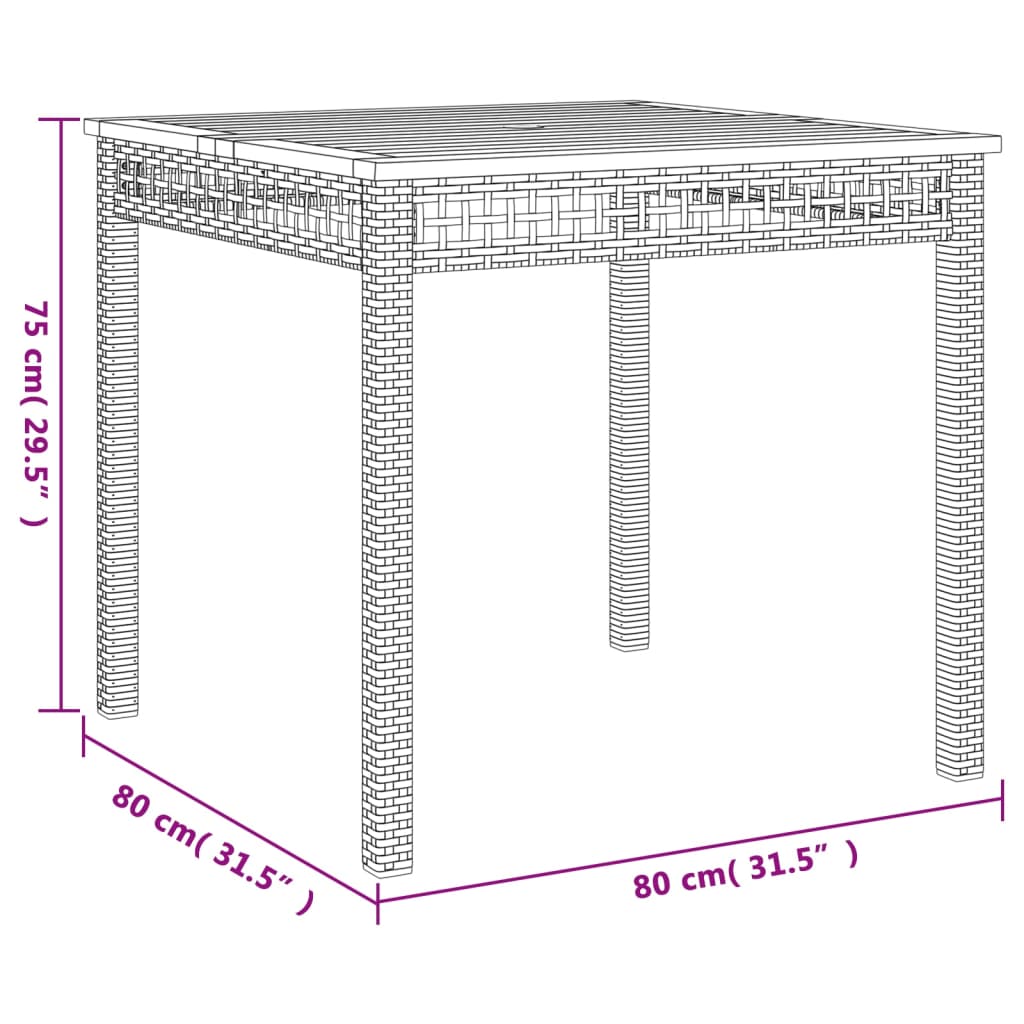 Mesa de jardim 80x80x74 cm vime PE e madeira de acácia cinzento