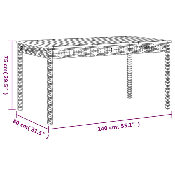 Mesa de jardim 140x80x75cm vime PE e madeira de acácia cinzento