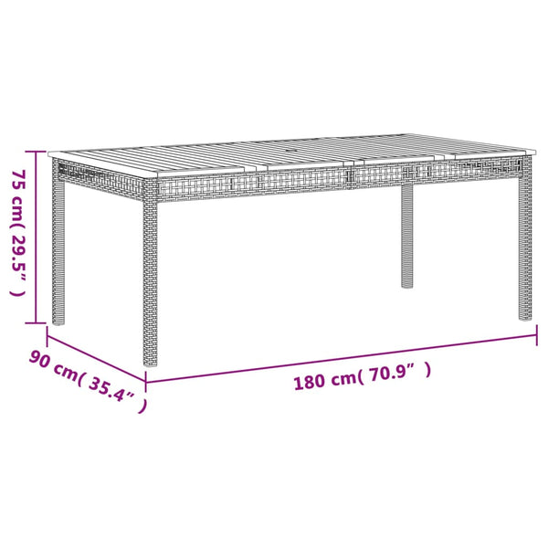 Mesa de jardim 180x90x75cm vime PE e madeira de acácia cinzento