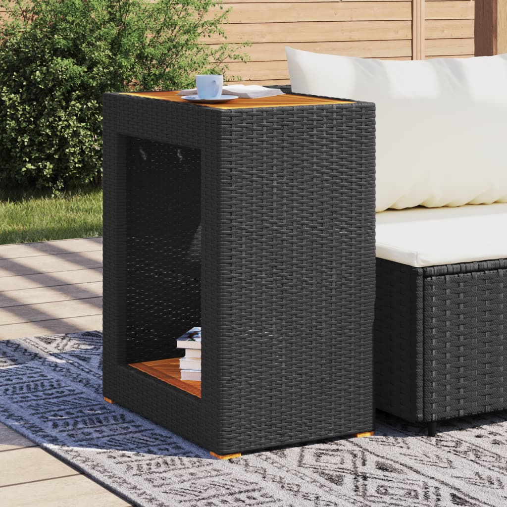 Mesa apoio jardim c/ tampo madeira 60x40x75 cm vime PE preto