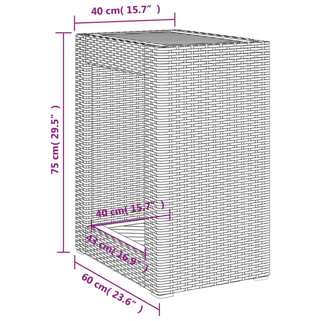 Mesa apoio jardim c/ tampo madeira 60x40x75 cm vime PE bege