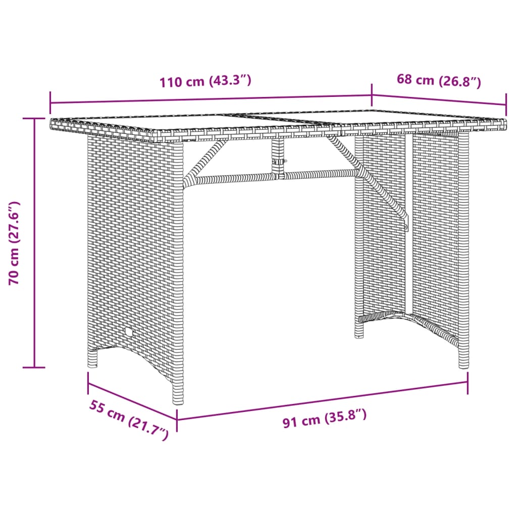 Mesa de jardim com tampo de vidro 110x68x70 cm vime PE castanho