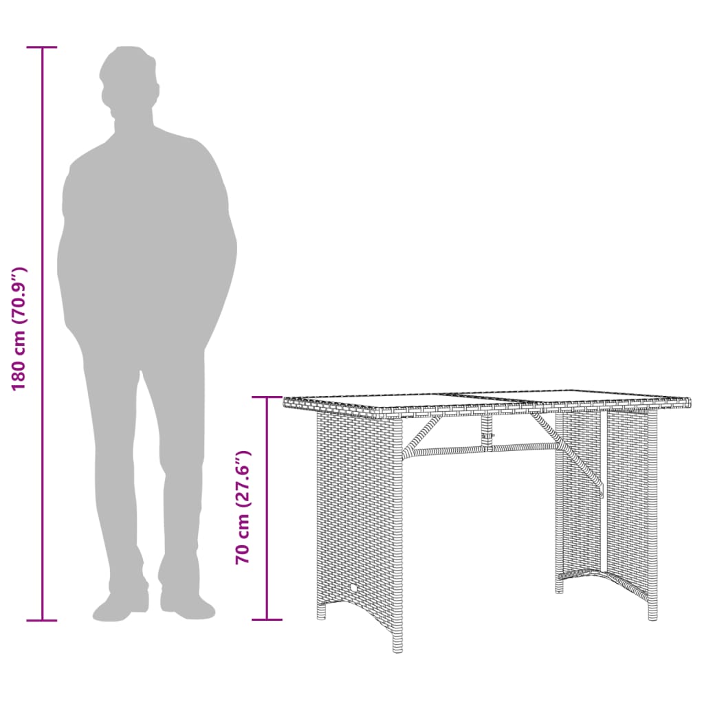 Mesa de jardim com tampo de vidro 110x68x70 cm vime PE castanho