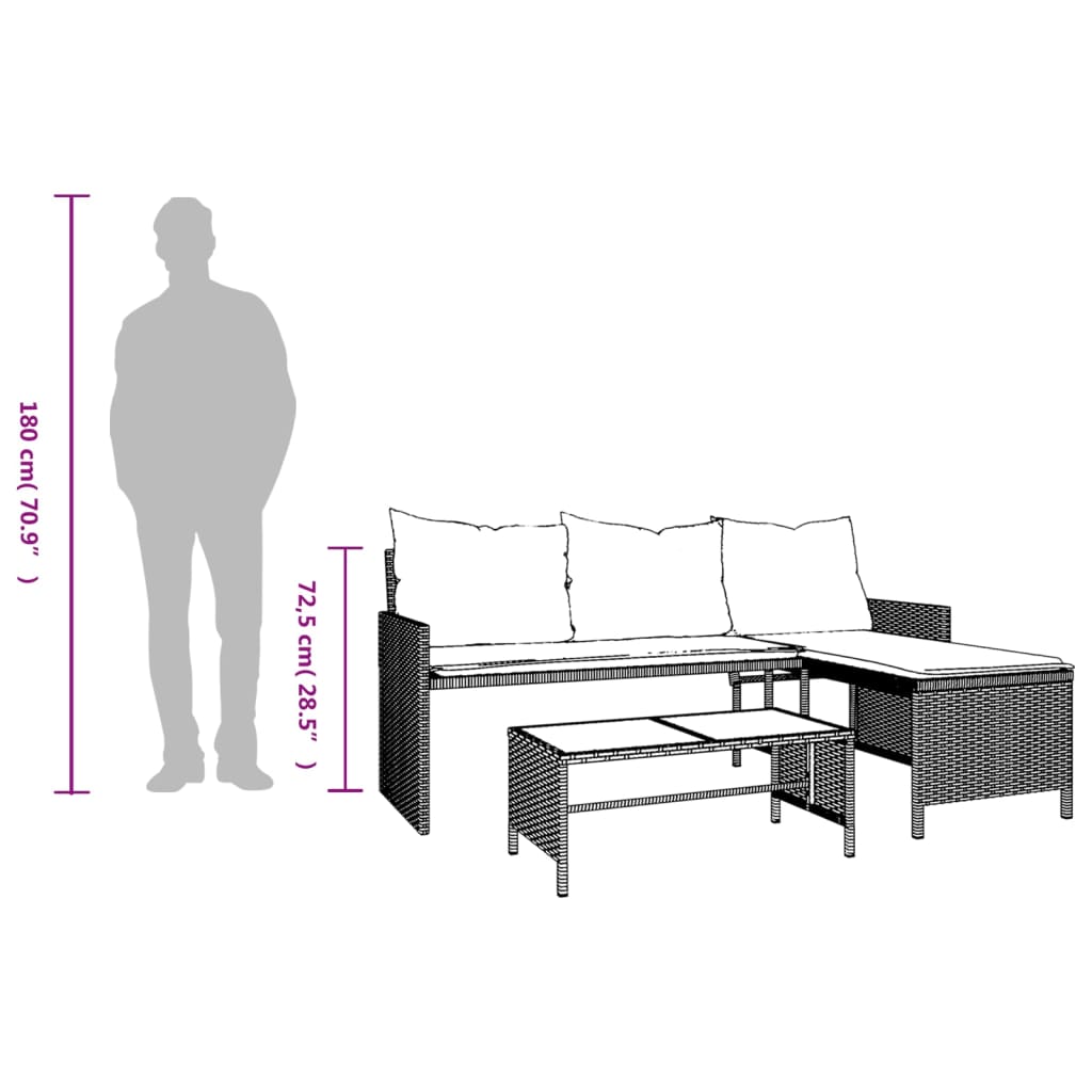 Sofá de jardim forma de L c/ mesa e almofadões vime PE cinzento