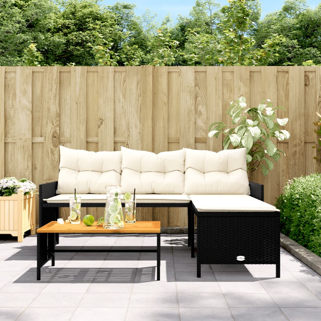 Sofá de jardim em forma de L c/ mesa e almofadões vime PE preto