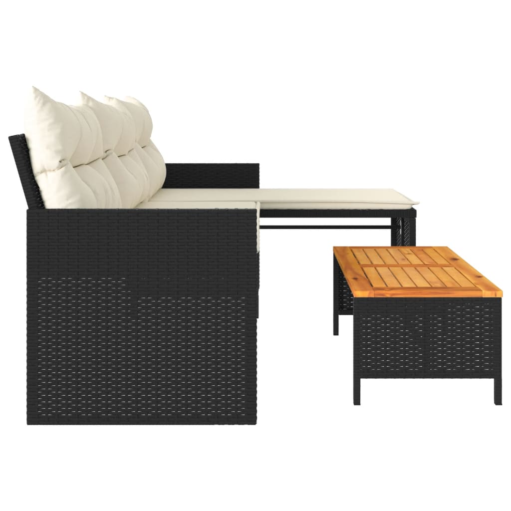 Sofá de jardim em forma de L c/ mesa e almofadões vime PE preto