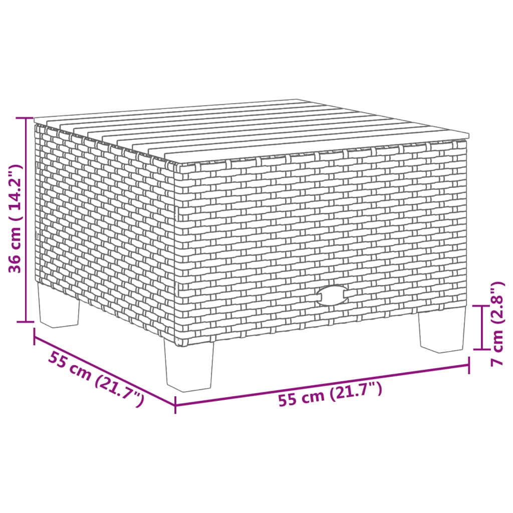 Mesa de jardim 55x55x36 cm vime PE e madeira de acácia cinzento