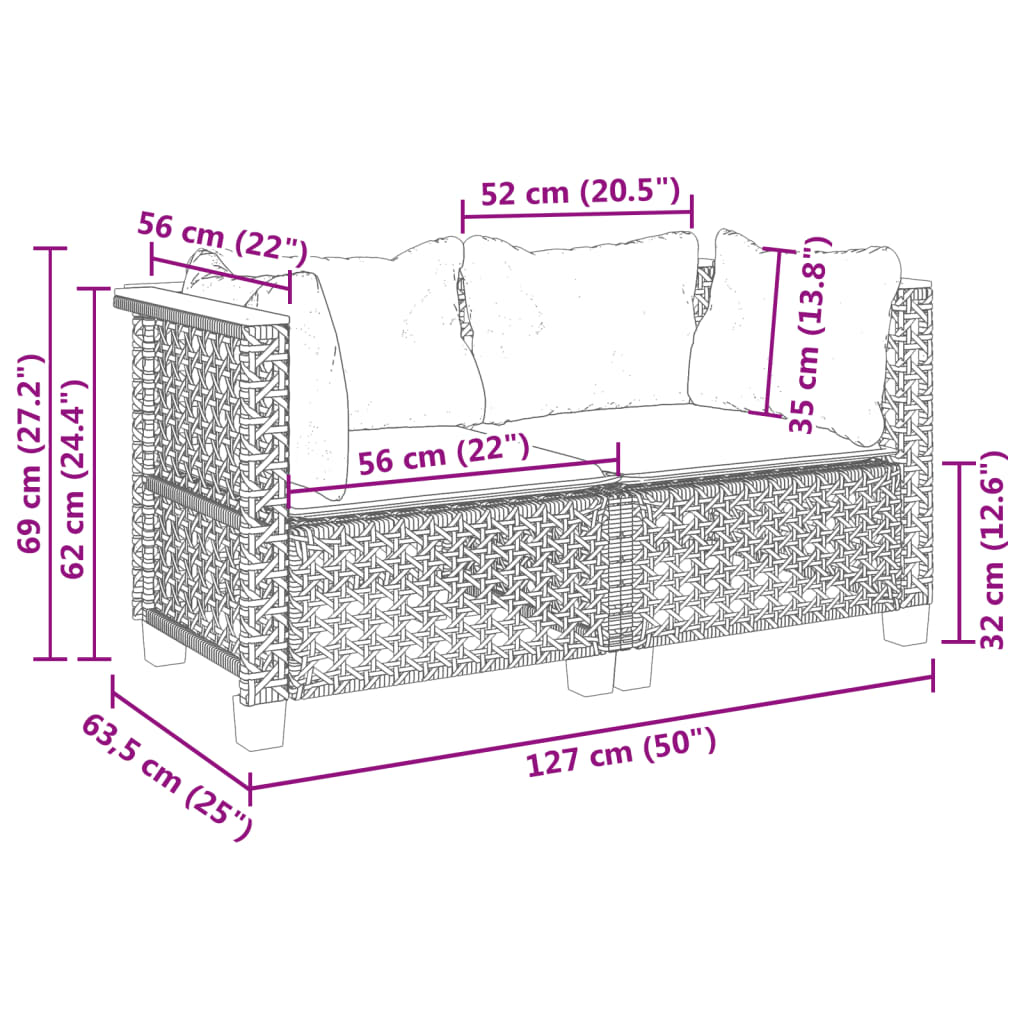 Sofás de canto p/ jardim c/ almofadões 2 pcs vime PE cinzento