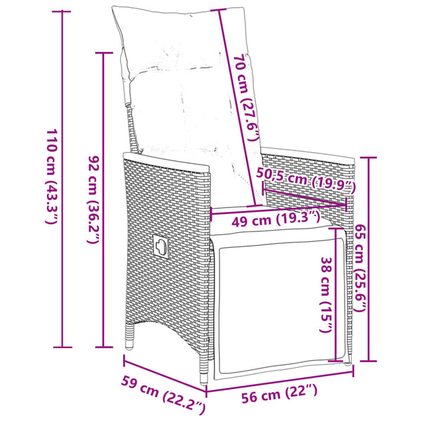 Cadeiras jardim reclináveis 2 pcs c/ almofadões vime PE cinza