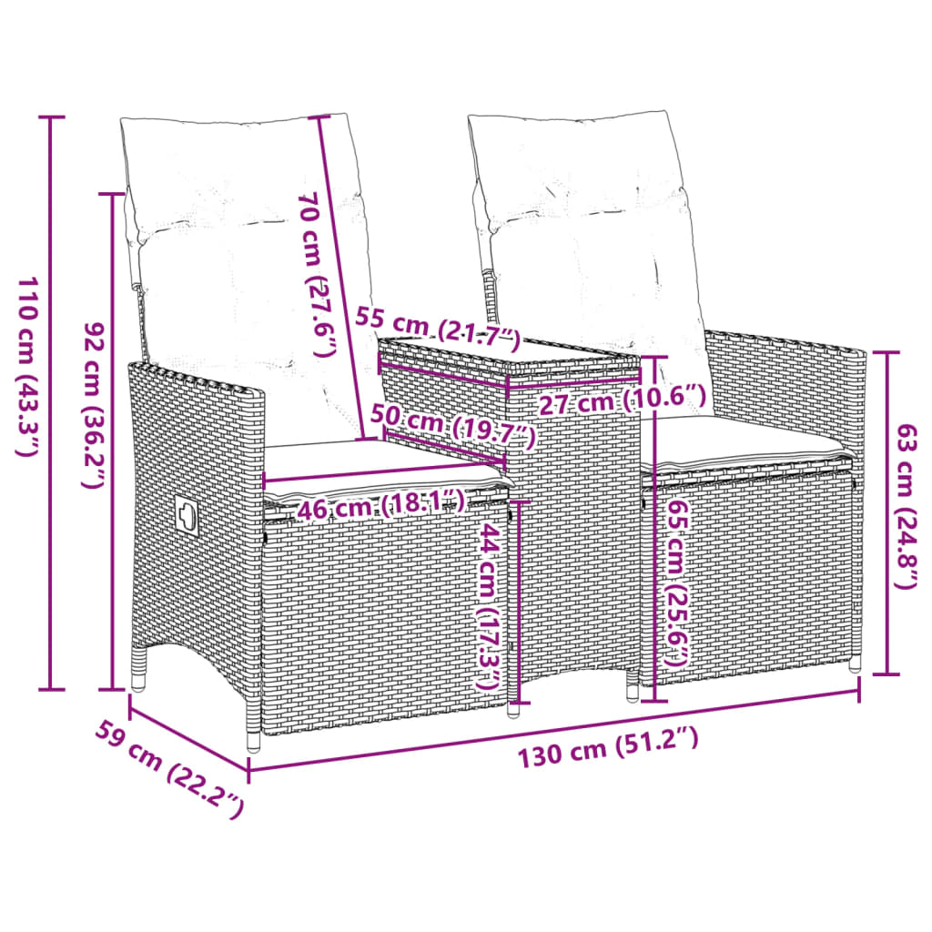 Sofá de jardim reclinável 2 lugares com mesa vime PE castanho