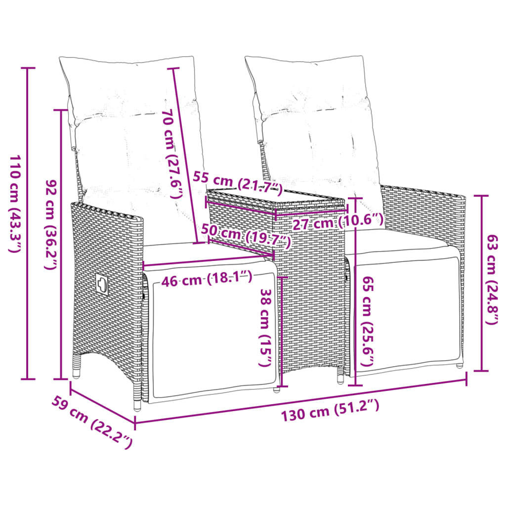 Sofá de jardim reclinável 2 lugares com mesa vime PE castanho
