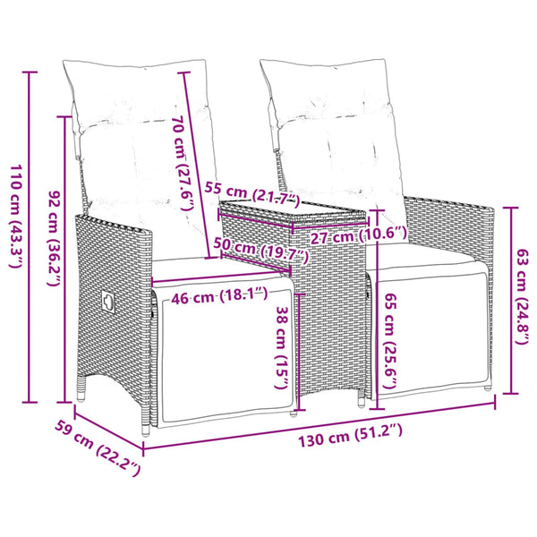 Sofá de jardim reclinável 2 lugares com mesa vime PE bege