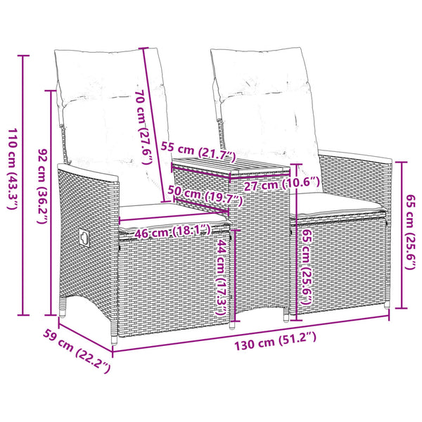 Sofá de jardim reclinável 2 lugares com mesa vime PE cinzento