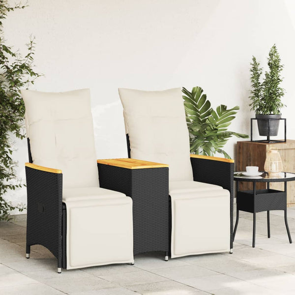 Sofá de jardim reclinável 2 lugares com mesa vime PE preto