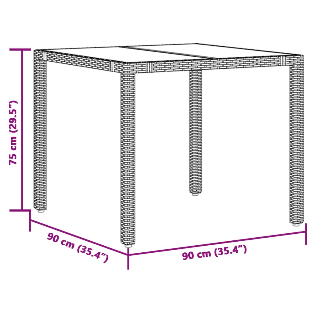 Mesa de jardim com tampo de vidro 90x90x75 cm vime PE preto