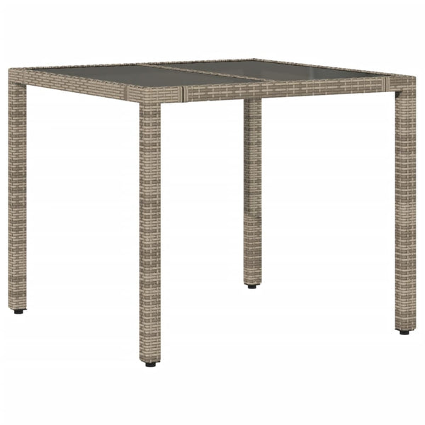 Mesa de jardim com tampo de vidro 90x90x75 cm vime PE cinzento